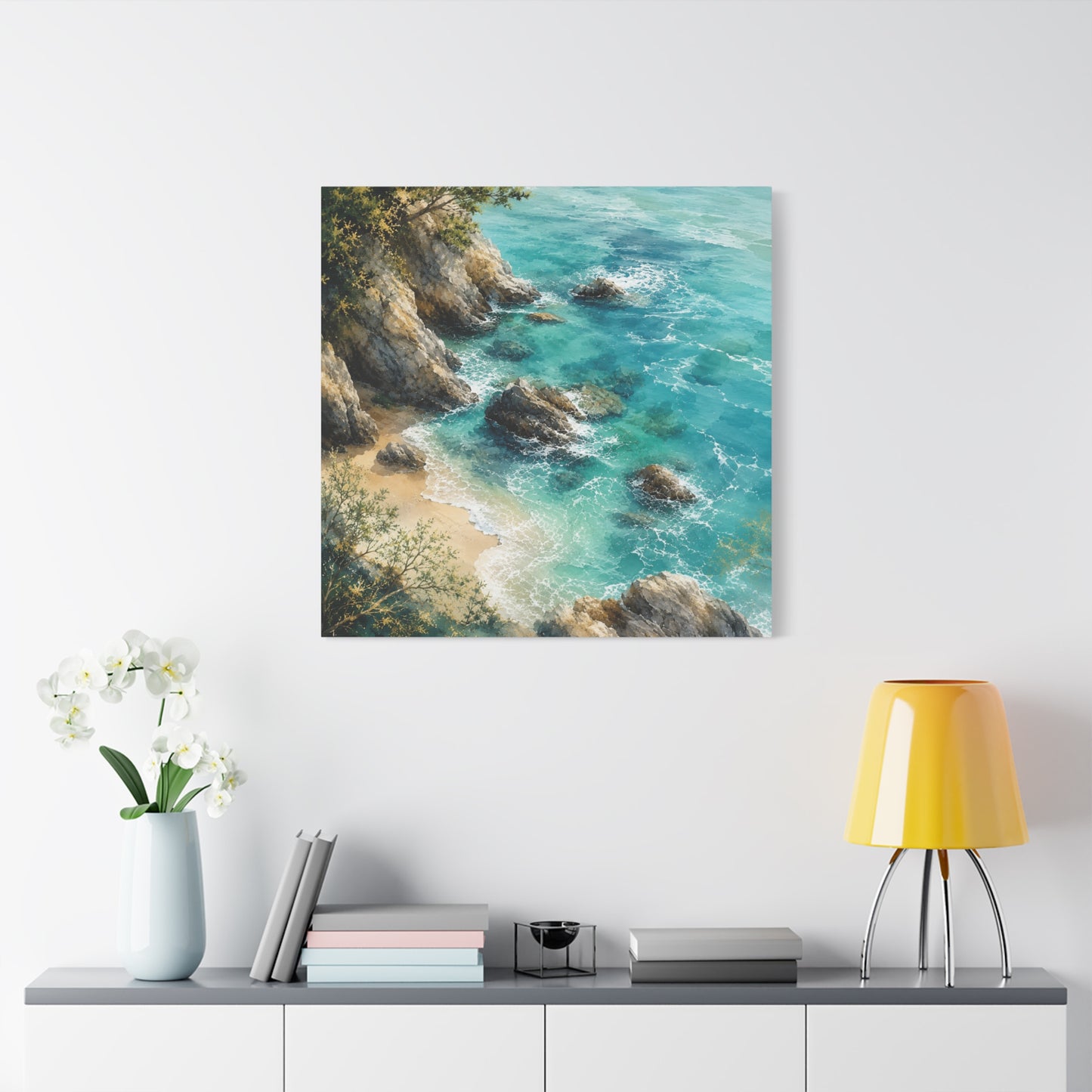 Coastal Cliff Seascape Unframed Canvas Print — Turquoise Beach Wall Art (Stretched Matte)