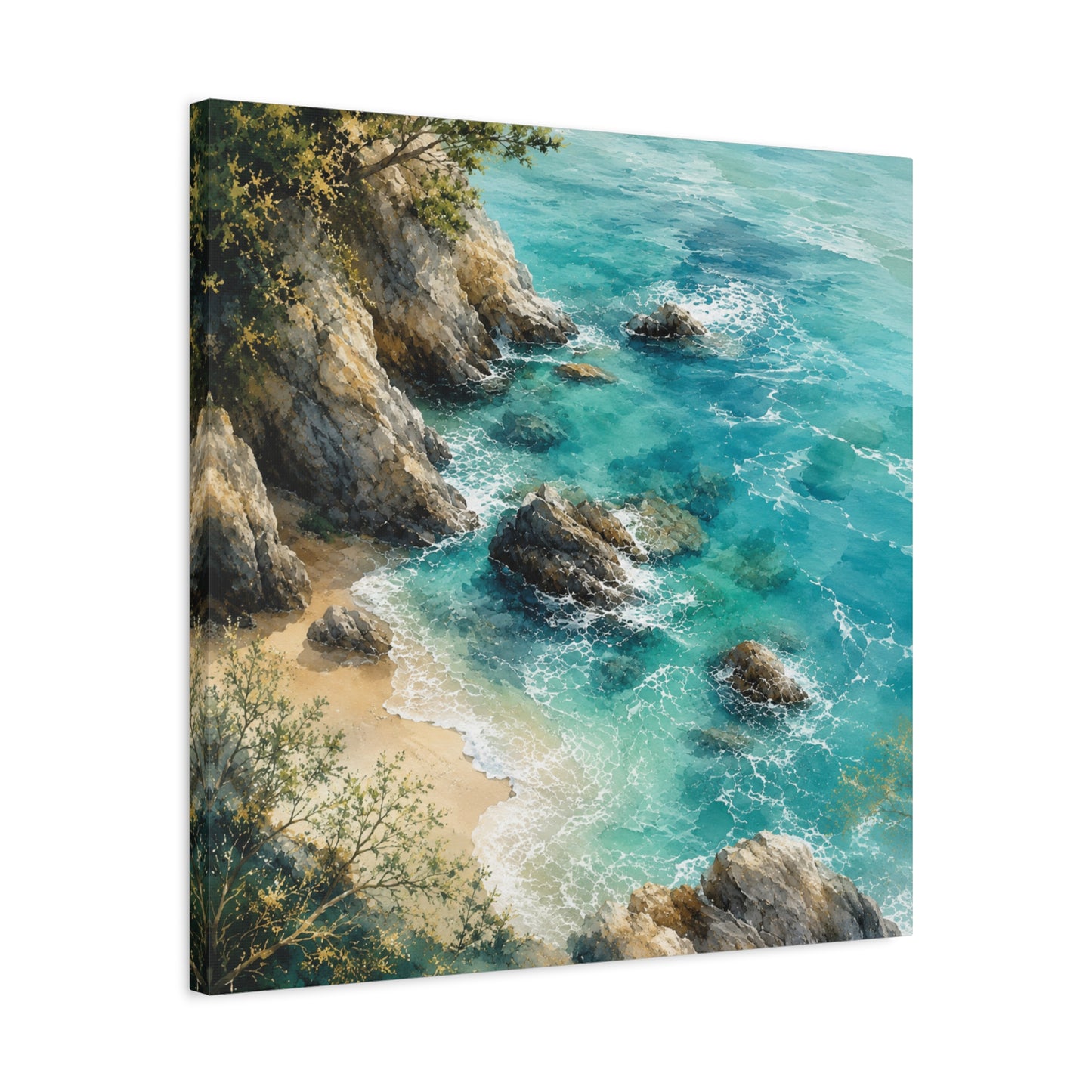 Coastal Cliff Seascape Unframed Canvas Print — Turquoise Beach Wall Art (Stretched Matte)