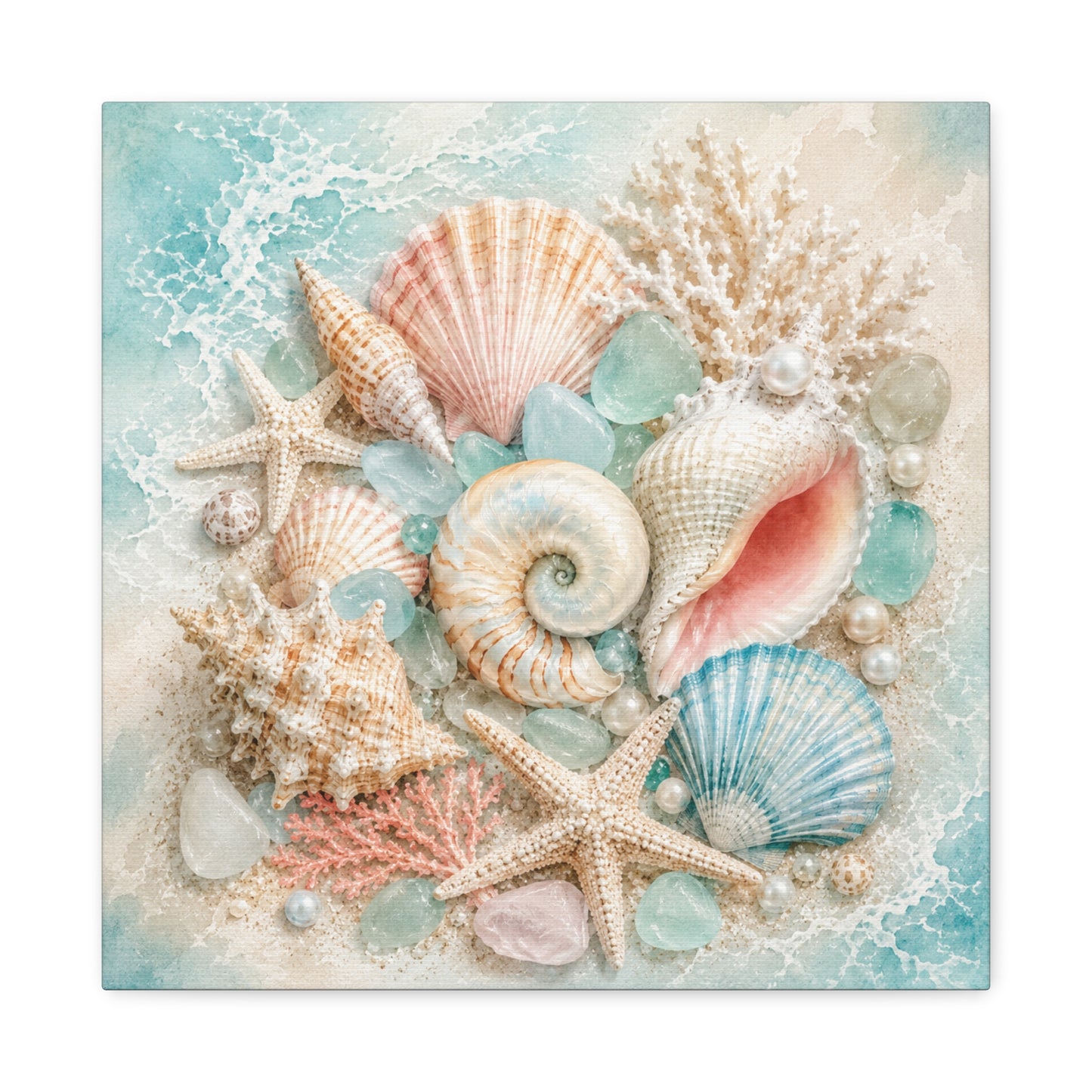 Seashell Collage Matte Canvas Wall Art — Coastal Beach Ocean Decor