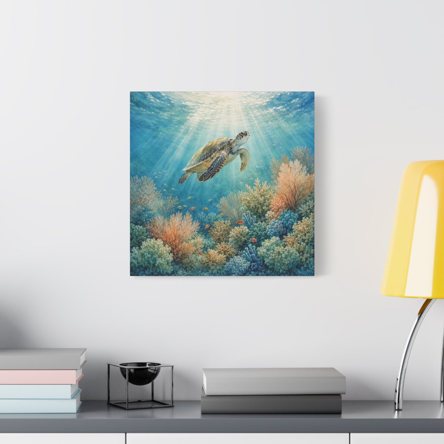 Sea Turtle Canvas Art - Underwater Coral Reef Matte Stretched Wall Decor
