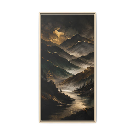 Framed Matte Canvas – Moody Golden Mountain Landscape