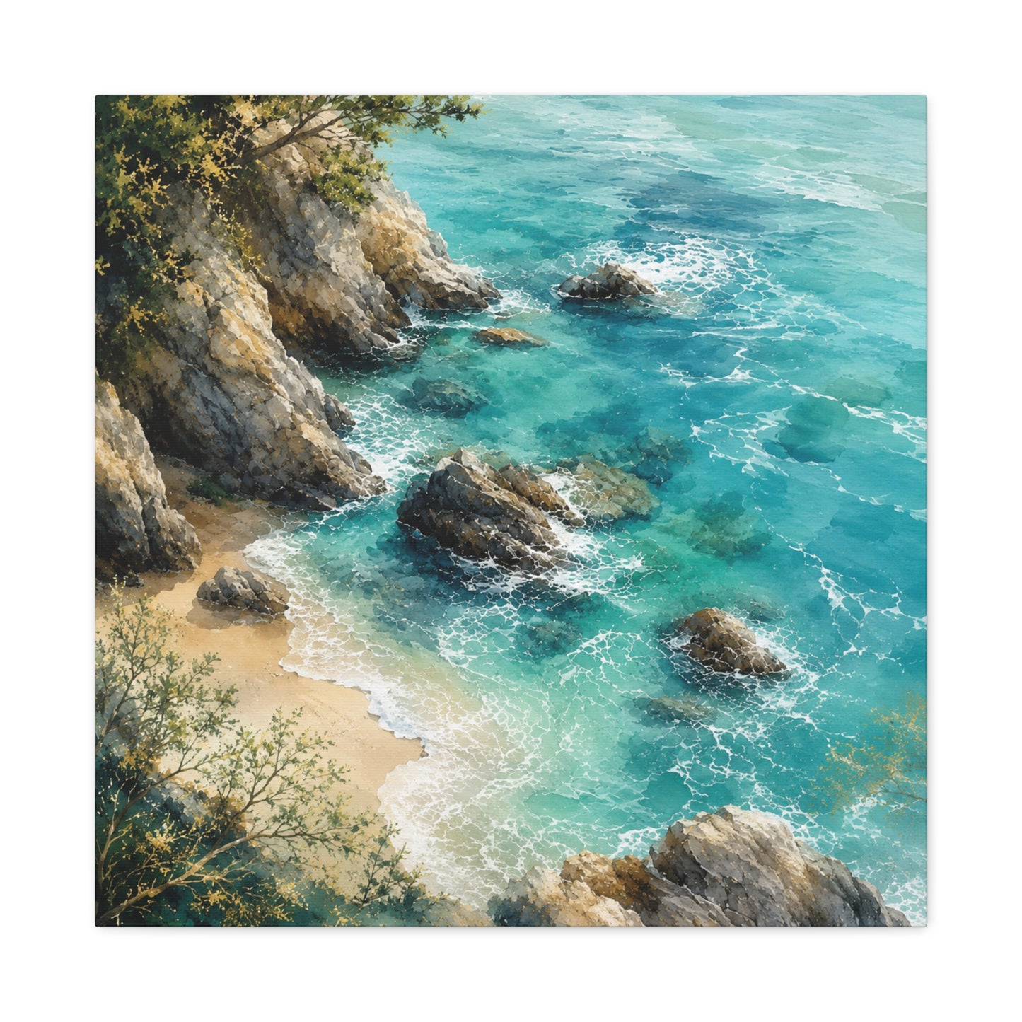 Coastal Cliff Seascape Unframed Canvas Print — Turquoise Beach Wall Art (Stretched Matte)