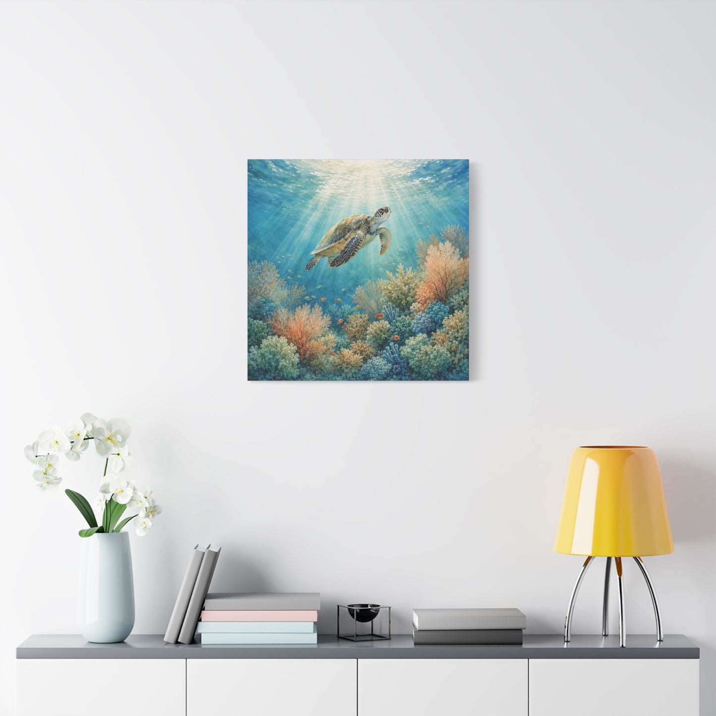 Sea Turtle Canvas Art - Underwater Coral Reef Matte Stretched Wall Decor