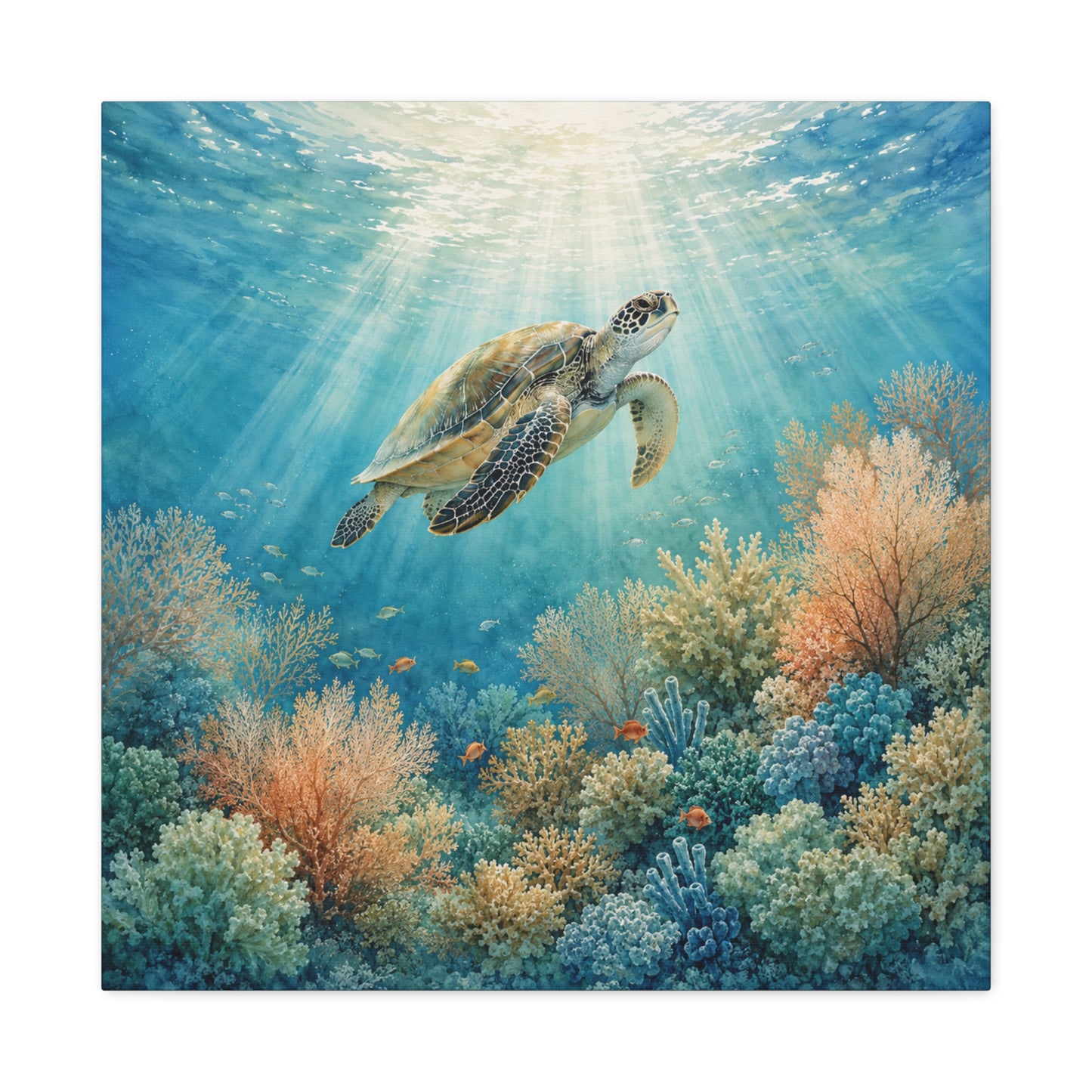 Sea Turtle Canvas Art - Underwater Coral Reef Matte Stretched Wall Decor