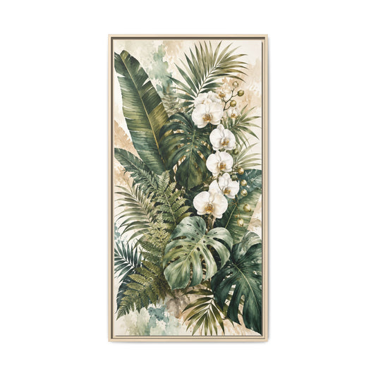 Tropical Botanical Framed Canvas Print — Green Palm & Orchid Wall Art