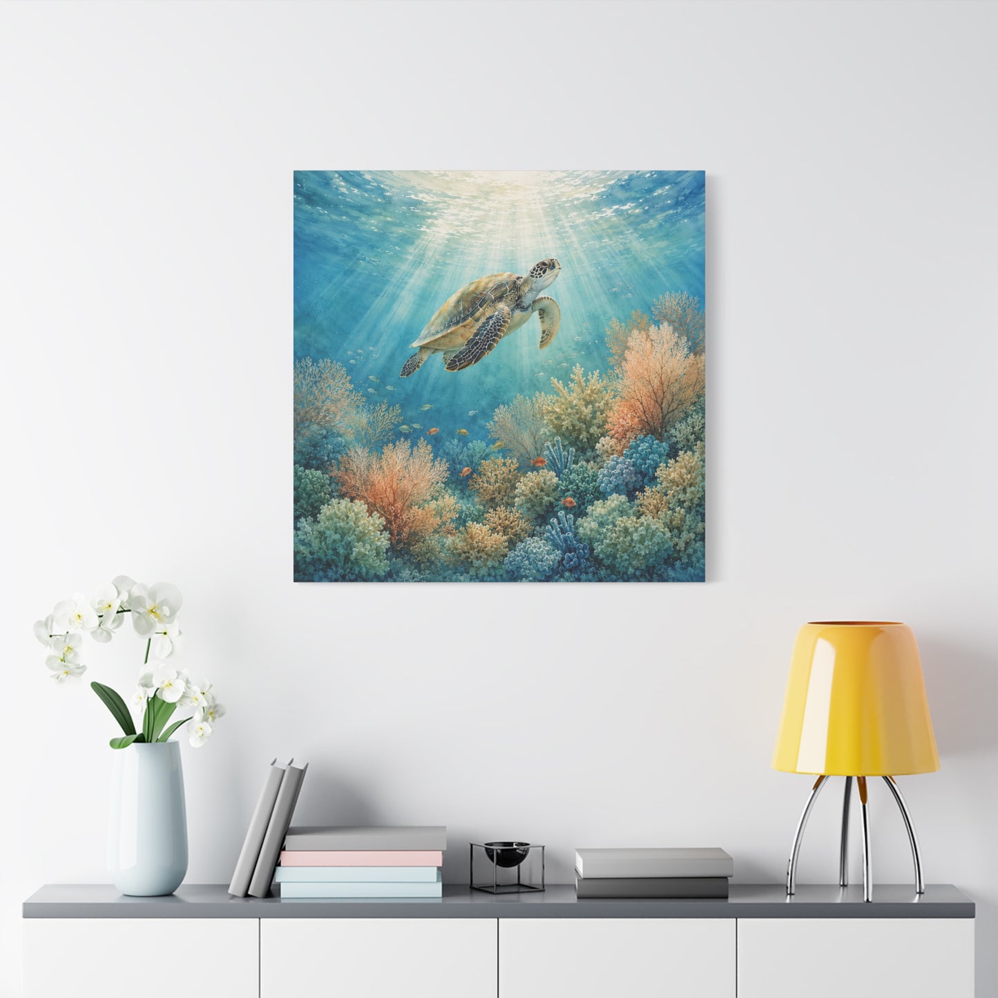 Sea Turtle Canvas Art - Underwater Coral Reef Matte Stretched Wall Decor