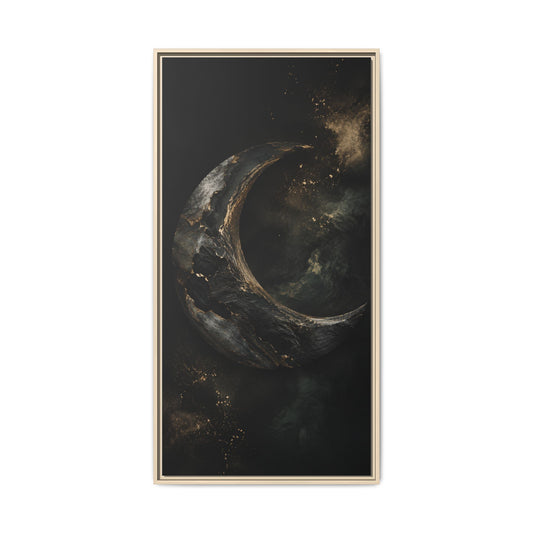 Framed Crescent Moon Matte Canvas Wall Art — Dark Celestial Bedroom Decor