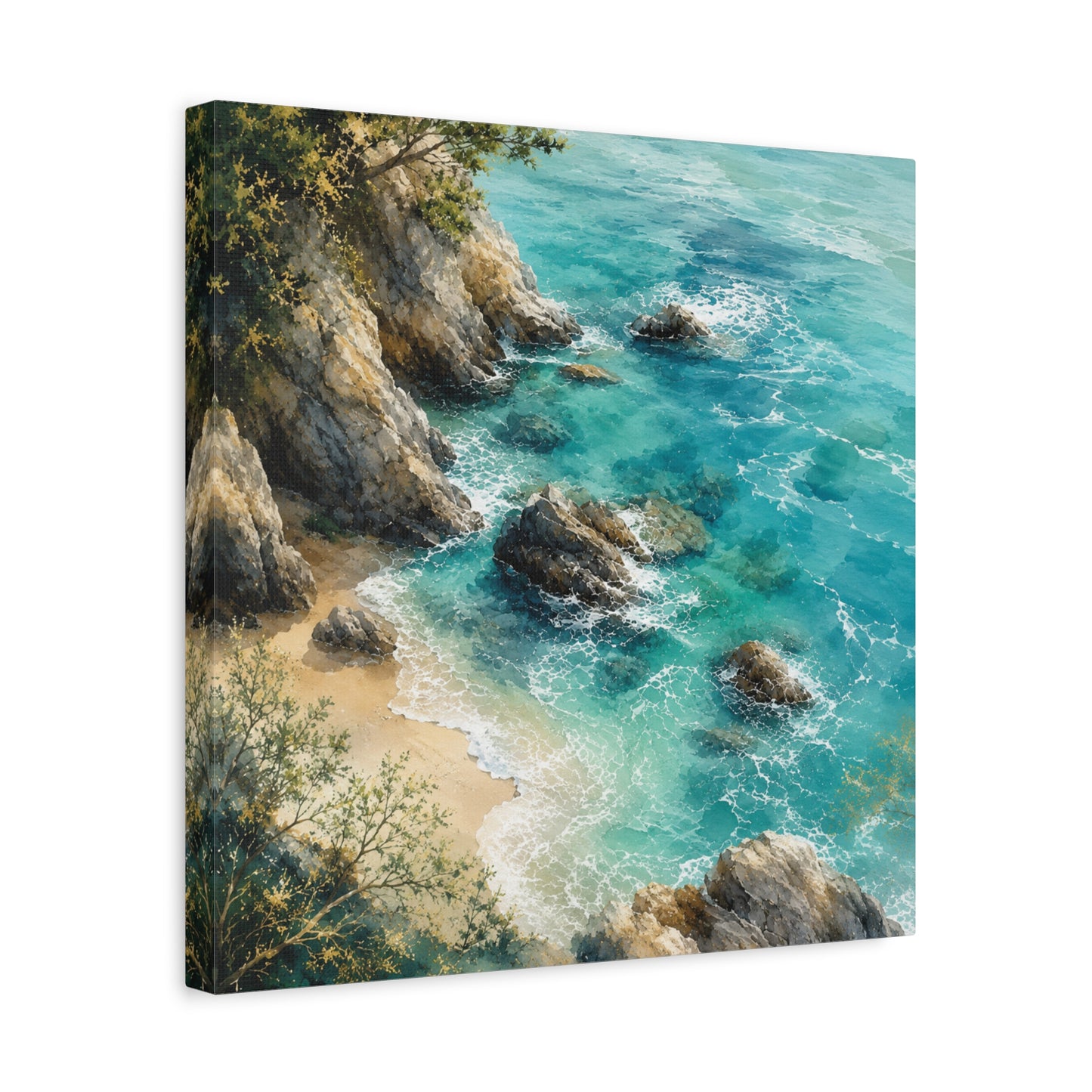 Coastal Cliff Seascape Unframed Canvas Print — Turquoise Beach Wall Art (Stretched Matte)
