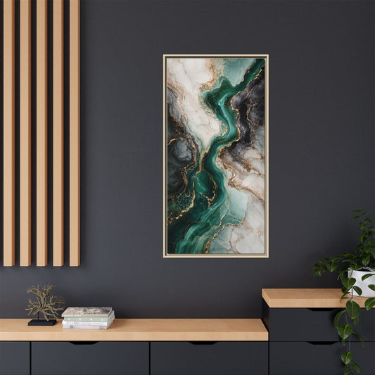 Emerald Marble Abstract Framed Canvas Art — Vertical Green & Gold Wall Decor